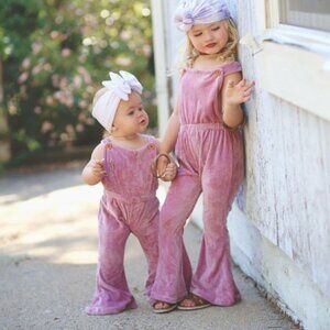 Toddler Girls Bailey Blossoms Mauve Pink Velvet Flare Overalls Bell Bottoms 4T